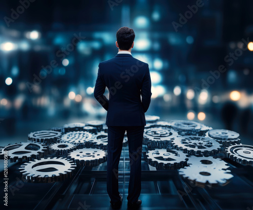 A visionary in a suit stands before a complex arrangement of gears, symbolizing the intricate connections between technology and progress in the modern world of business. photo