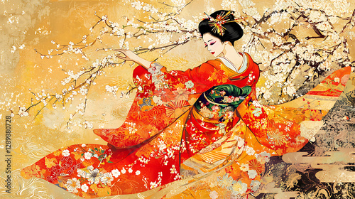 A woman in a red kimono is standing in front of a tree with pink blossoms
