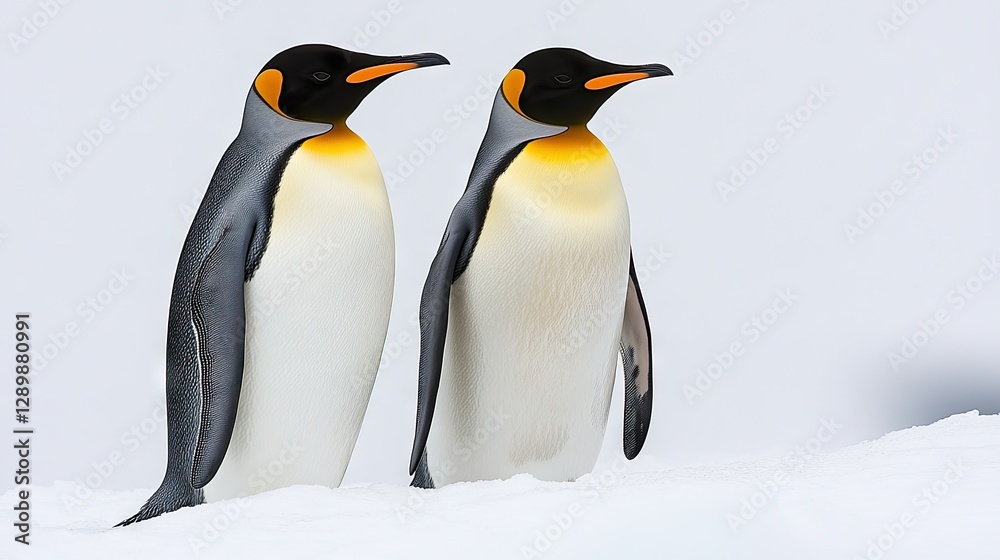 Fototapeta premium Two Penguins Standing on Snowy Terrain with Overcast Sky in a Serene Winter Landscape