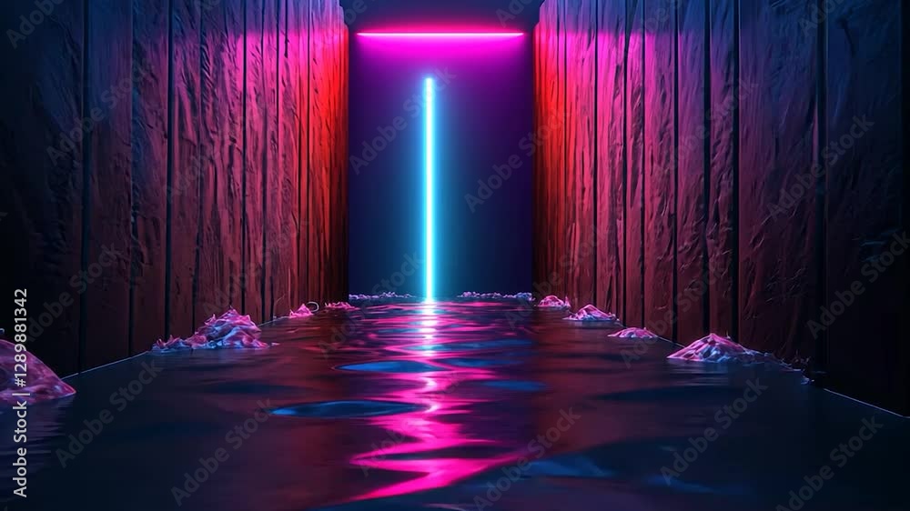 Neon corridor, submerged path, dark walls, glowing light, futuristic scene