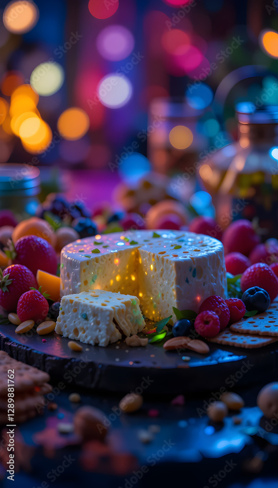 Glowing Gourmet Cheese with Nuts, Crackers, and Berries . Cashew Cheese with Mixed Berries ,Cheese Glowing Neon Cashew Cheese Gourmet Food Platter Luxury Artistic Cyberpunk SciFi Futuristic . Glowing Gourmet Cheese with Nuts, Crackers, and Berries . Cashew Cheese with Mixed Berries ,Cheese Glowing Neon Cashew Cheese Gourmet Food Platter Luxury Artistic Cyberpunk SciFi Futuristic .