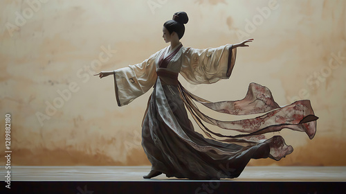 A woman in a long dress is dancing in the air