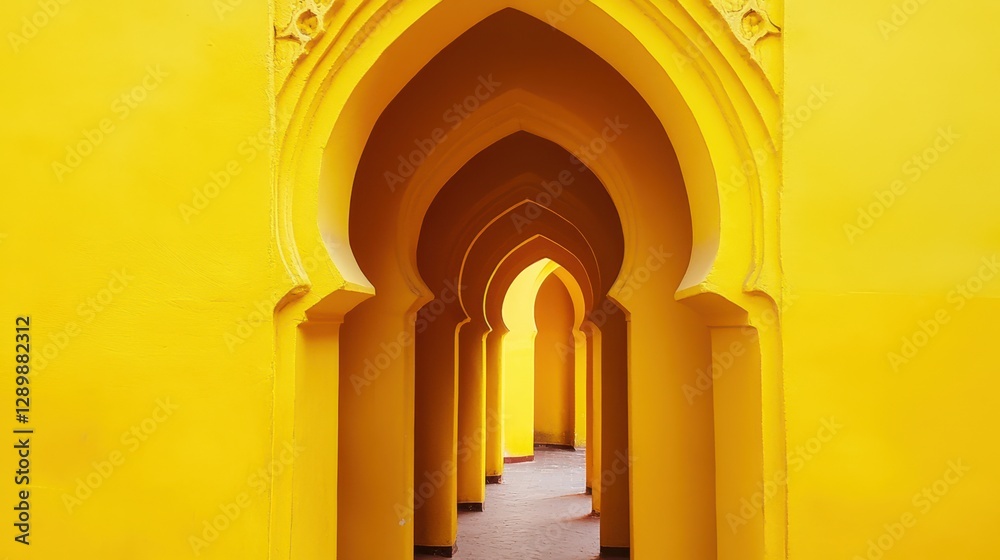 Fototapeta premium Vibrant Yellow Archway Leading to Serene Passage with Arches
