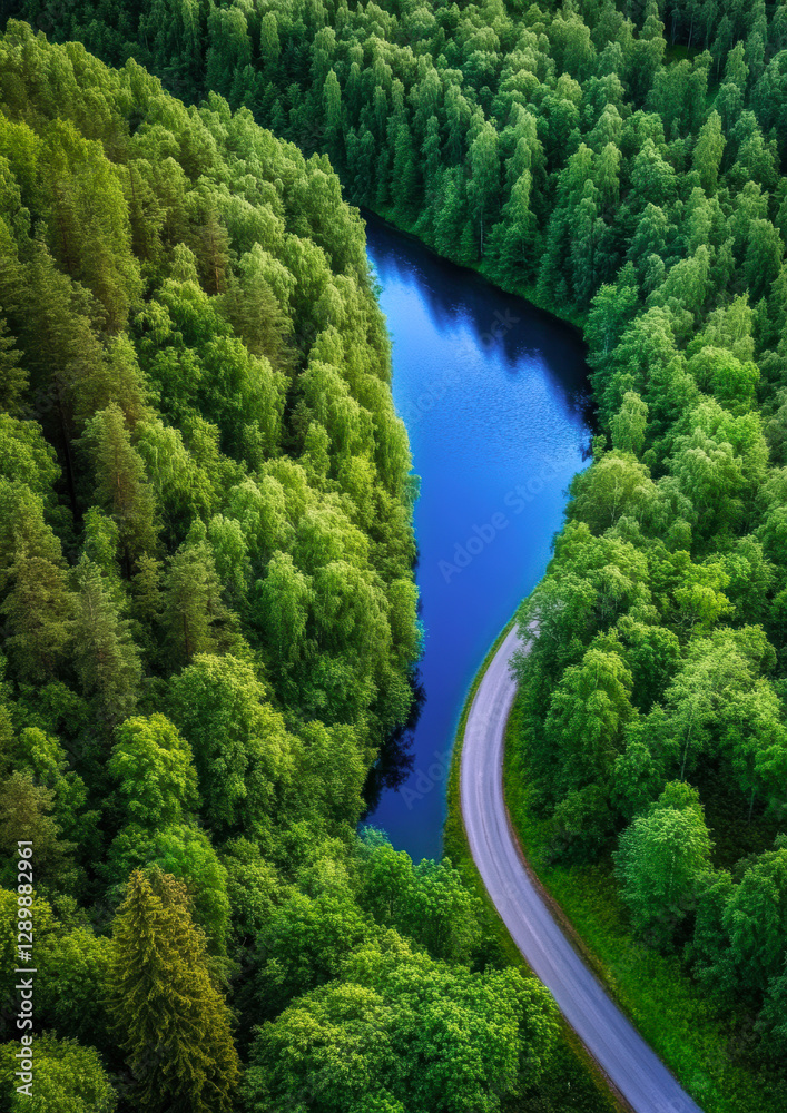 Fototapeta premium A stunning aerial view captures a river gracefully winding through vibrant green forests, offering a serene escape into nature's beauty, highlighting the harmony between water and woodland.