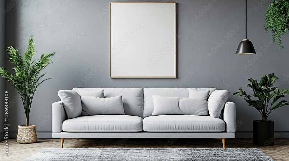 Fototapeta premium The white sofa with a blank picture above it is stunning