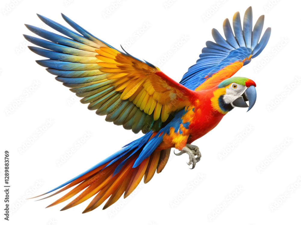 Obraz premium Scarlet Macaw in Flight, Isolated on White Background as Transparent PNG, AI-Generated
