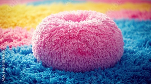 Pink Fluffy Donut Pillow on Colorful Rug
