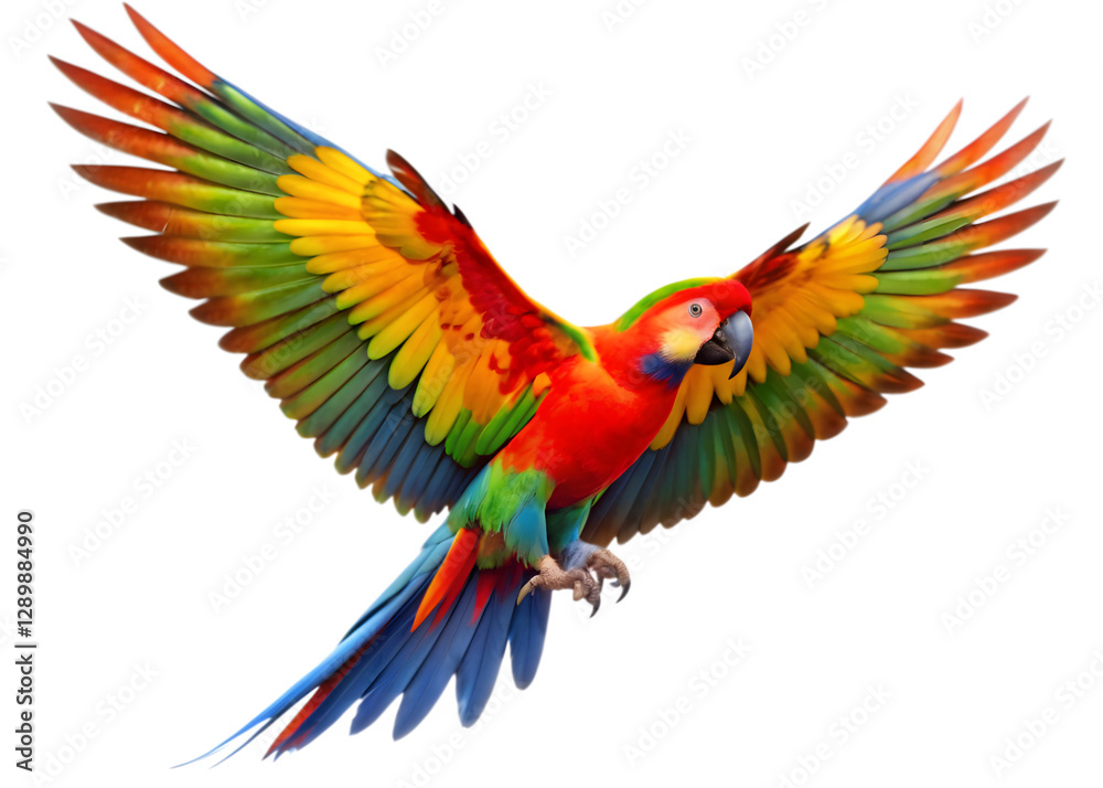 Fototapeta premium Scarlet Macaw in Flight, Isolated on White Background as Transparent PNG, AI-Generated