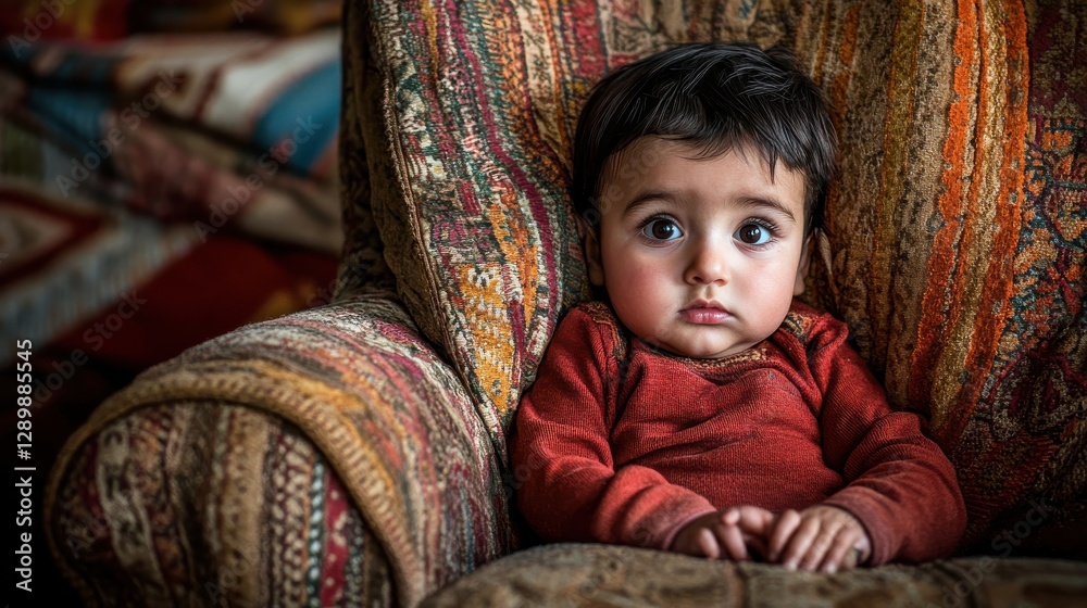 Cute baby sitting on a colorful armchair with big eyes and thoughtful expression in a cozy indoor setting Cute baby sitting on a colorful armchair with big eyes and thoughtful expression in a cozy indoor setting