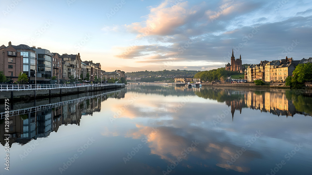 Obraz premium Sunrise Reflection Over a Calm River in European City