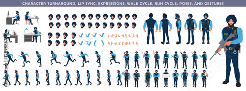 
Police Officer Character Design Model Sheet. Man, Character design. Front, side, back view and explainer animation poses. Character set with lip sync and Walk cycle animation sequences.
