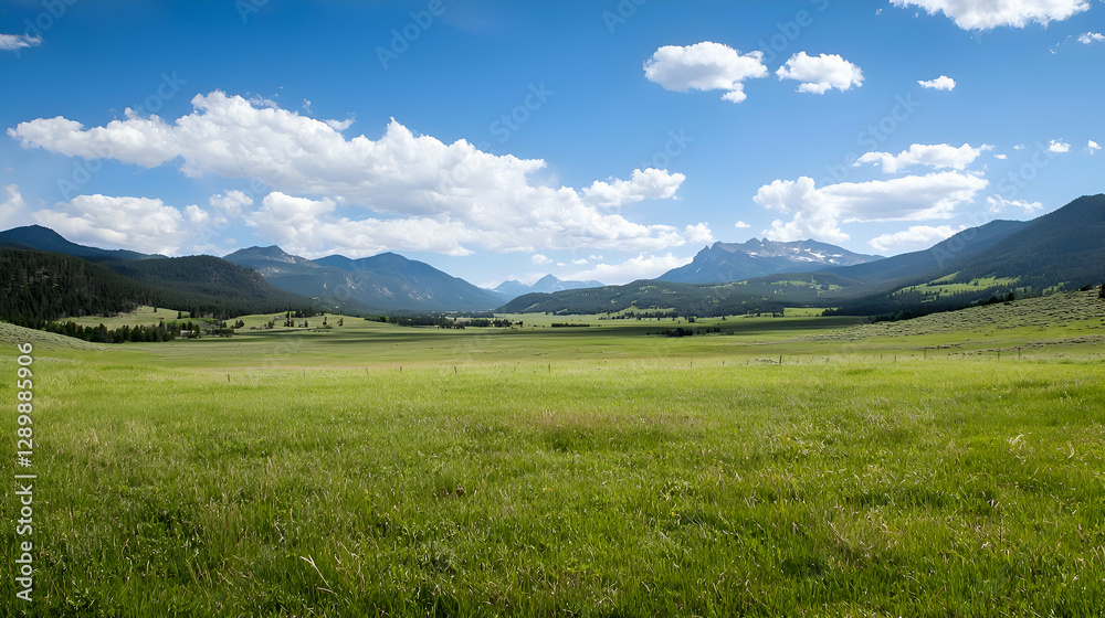 Fototapeta premium Vast Green Meadow Landscape with Distant Mountains Under a Blue Sky