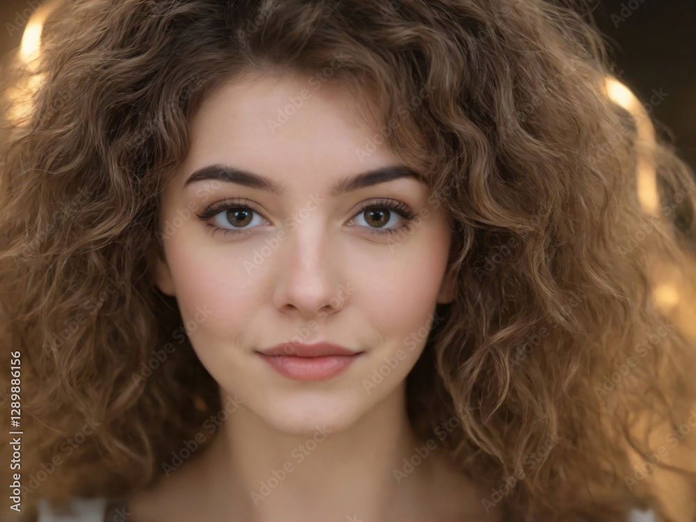 A young woman with beautiful, curly hair looks confidently at the camera. Her natural makeup highlights her features, creating a captivating and striking appearance. A young woman with beautiful, curly hair looks confidently at the camera. Her natural makeup highlights her features, creating a captivating and striking appearance.