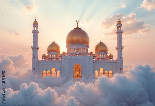 Luxury mosque with golden domes and intricate arches majestically amid a dreamy