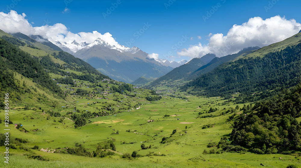 Fototapeta premium Panoramic View of a Snow Capped Mountain Valley