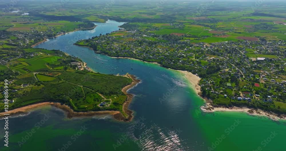 A beautiful view of coast of France. Aerial view of beautiful beach at sunset in Saint Pabu north finistere France. Brittany coastline. Turquoise color of water A beautiful view of coast of France. Aerial view of beautiful beach at sunset in Saint Pabu north finistere France. Brittany coastline. Turquoise color of water