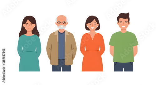 Family Portrait Illustration Showing Multi-Generational Group Standing Together Smiling