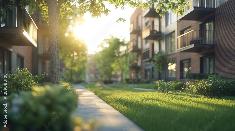 Obraz premium Sunny pathway, apartment complex, green landscaping, sunset, real estate