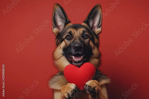 German shepherd - my desired dog. Marketing idea. Cute german shepherd doggy with animal toy red heart - sign of love, funny greeting card. Romantic animal love photography. Heart-shaped toys.