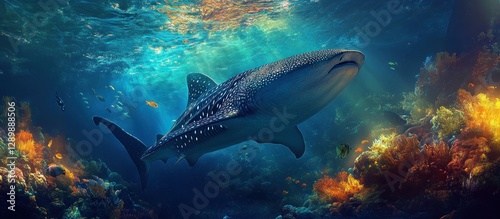 Whale shark swimming in vibrant coral reef.