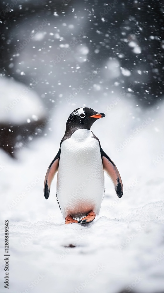 Fototapeta premium Penguin Walking Gracefully Through a Serene Snowy Landscape with Falling Snowflakes