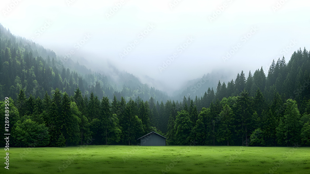 Misty Mountain Forest Landscape with Small Cabin and Lush Green Field Misty Mountain Forest Landscape with Small Cabin and Lush Green Field