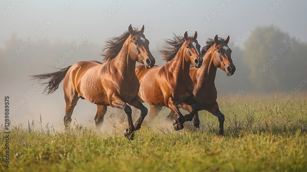 Fototapeta premium Three Majestic Brown Horses Galloping Across a Misty Meadow
