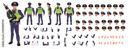 
Police Officer Character Design Model Sheet. Man, Character design. Front, side, back view and explainer animation poses. Character set with lip sync and Walk cycle animation sequences.
