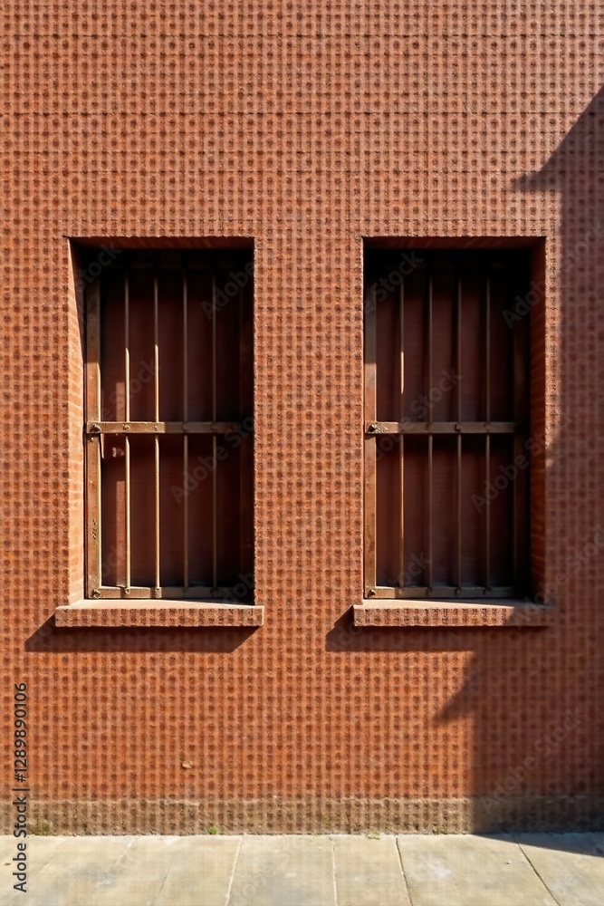 Rustic Architectural Detail Two Recessed Windows with Metal Grilles on a Textured Brick Wall Rustic Architectural Detail Two Recessed Windows with Metal Grilles on a Textured Brick Wall