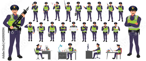 
Police Officer Character Design Model Sheet. Man, Character design. Front, side, back view and explainer animation poses. Character set with lip sync and Walk cycle animation sequences.
