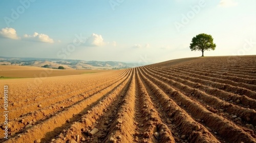 Serene Solitude A Single Tree Stands Sentinel Over Vast, Ploughed Fields Under a Calm Sky