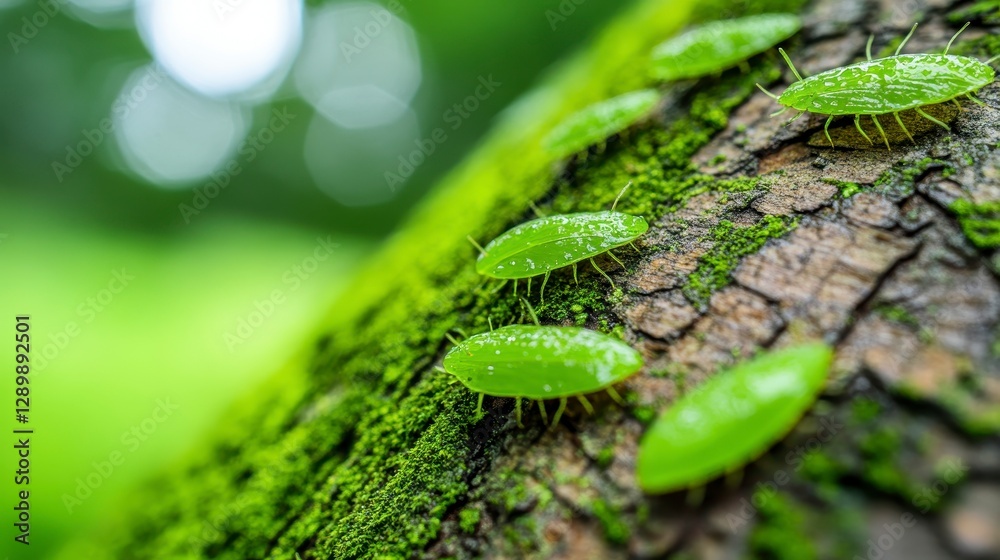 Green Insects with Raindrops on Tree Bark Surrounded by Nature Green Insects with Raindrops on Tree Bark Surrounded by Nature