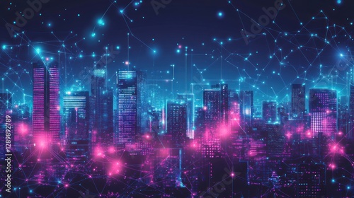 Futuristic cityscape at night with glowing network connections.