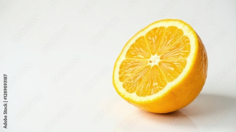 A vibrant half lemon, showcasing its juicy segments and bright yellow hue, rests elegantly on a pristine white surface. A vibrant half lemon, showcasing its juicy segments and bright yellow hue, rests elegantly on a pristine white surface.