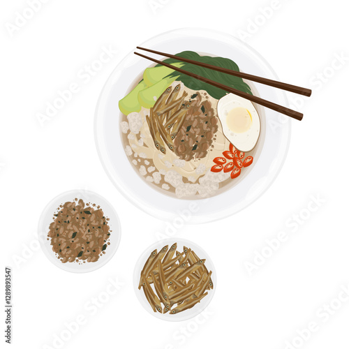 Vector Illustration Logo Clipart Top view Ban Mian Soup or Chinese Noodles Soup with anchovy and Minced Beef