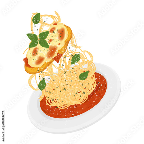 Vector Illustration Logo Clipart Levitation Chicken Parmesan or Chicken Parmigiana with Spaghetti