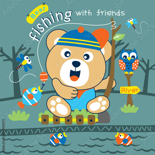 Cute cartoon bear fishing on a wooden raft with fish, owl, and dragonflies by the river. Children's outdoor adventure illustration concept

