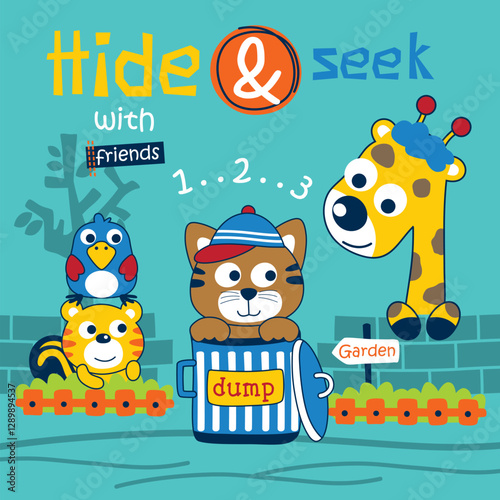 Cute cartoon animals playing hide and seek in a garden with a cat hiding in a trash can and a giraffe peeking. Children's playful illustration concept
