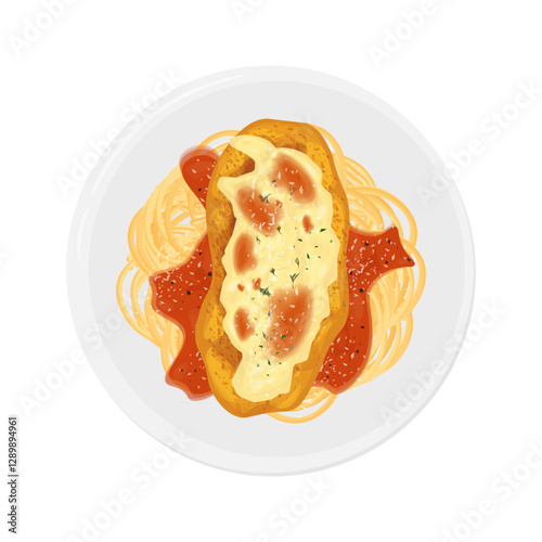 Vector Illustration Logo Clipart Top View Chicken Parmesan or Chicken Parmigiana with Spaghetti