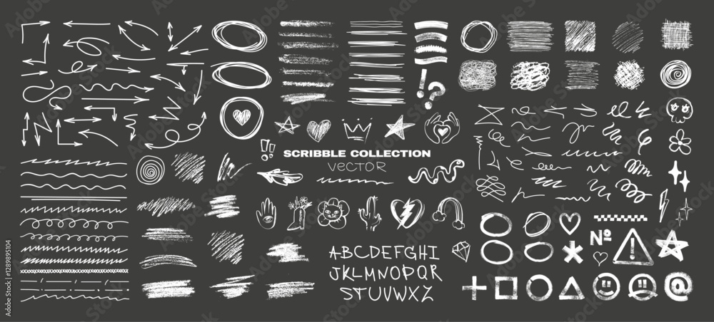 Scribbles, sketch - graphic pack. Charcoal sketches, arrows, underlines, outlines, circles, brush strokes, marker lines. Doodles elements with different tools - brushes, markers, crayons. Vector set