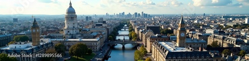 High angle panoramic shot of bustling cityscape of London with various buildings, vehicles, and streets below, city life, buildings, urban