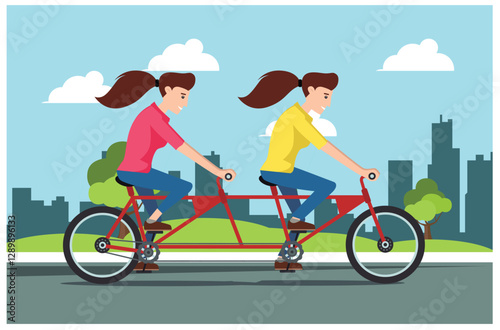 people rides a sports bike on a park road with friend, Vector Illustration