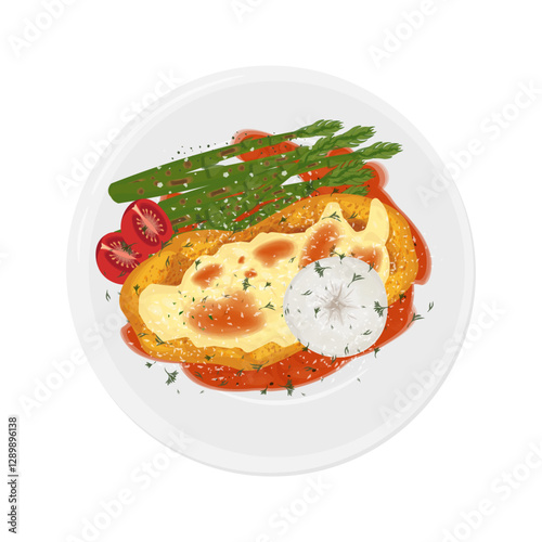 Vector Illustration Logo Clipart Chicken Parmesan or chicken parmigiana with sauce and Fresh Asparagus 