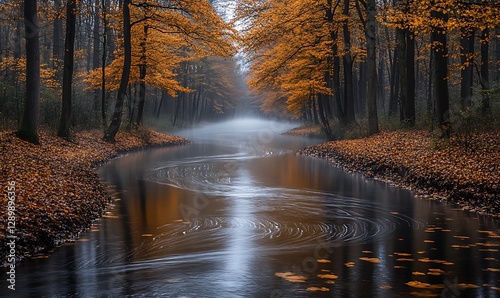 Serene autumn scene with a winding river surrounded by mist and orange foliage.