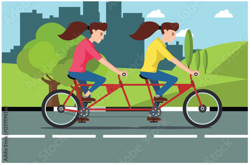 people rides a sports bike on a park road with friend, Vector Illustration