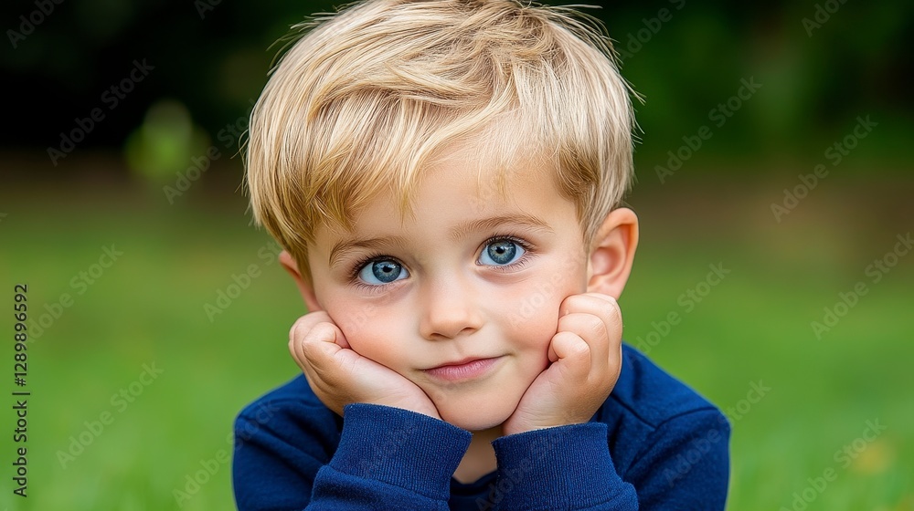Thoughtful Young Boy with Light Blonde Hair Sitting on Green Grass Thoughtful Young Boy with Light Blonde Hair Sitting on Green Grass