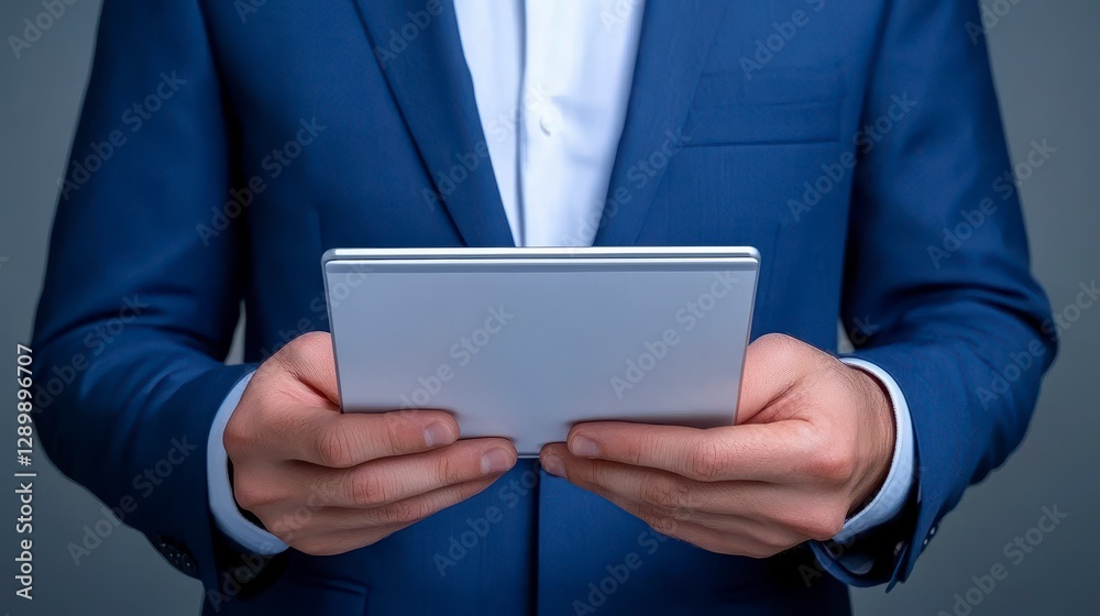 Businessman Holding Tablet in Stylish Suit with Gray Background Businessman Holding Tablet in Stylish Suit with Gray Background