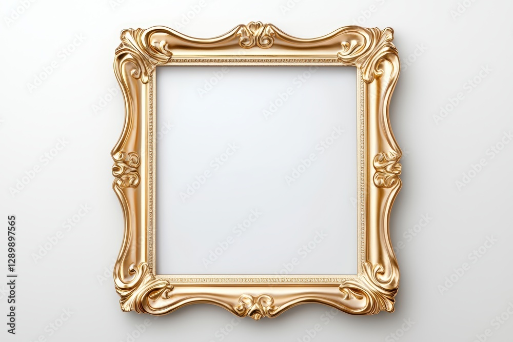 An ornate golden picture frame with intricate detailing, empty and ready to hold artwork or photographs. An ornate golden picture frame with intricate detailing, empty and ready to hold artwork or photographs.