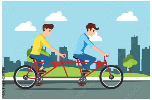 people rides a sports bike on a park road with friend, Vector Illustration	