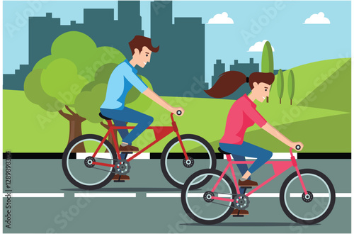people rides a sports bike on a park road with friend, Vector Illustration	